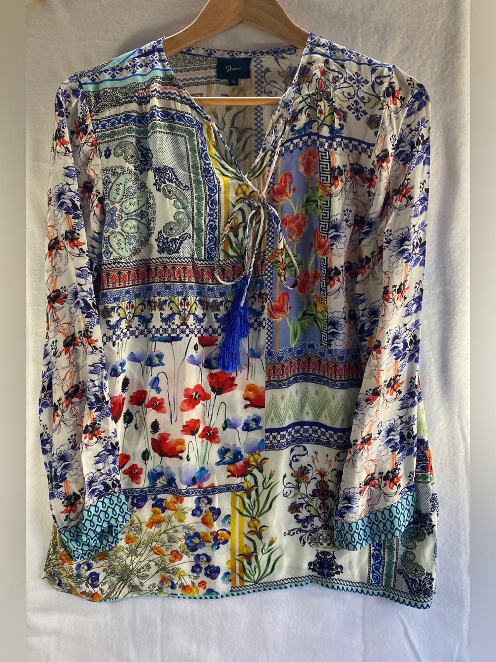 Shana Women’s 100% Silk Tunic Long Sleeve Floral Art to Wear Size S